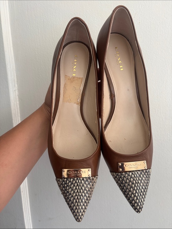 Coach Shoes - COACH Brown Leather Pointed Toe Flats with Patterned Toe and Gold Plaque